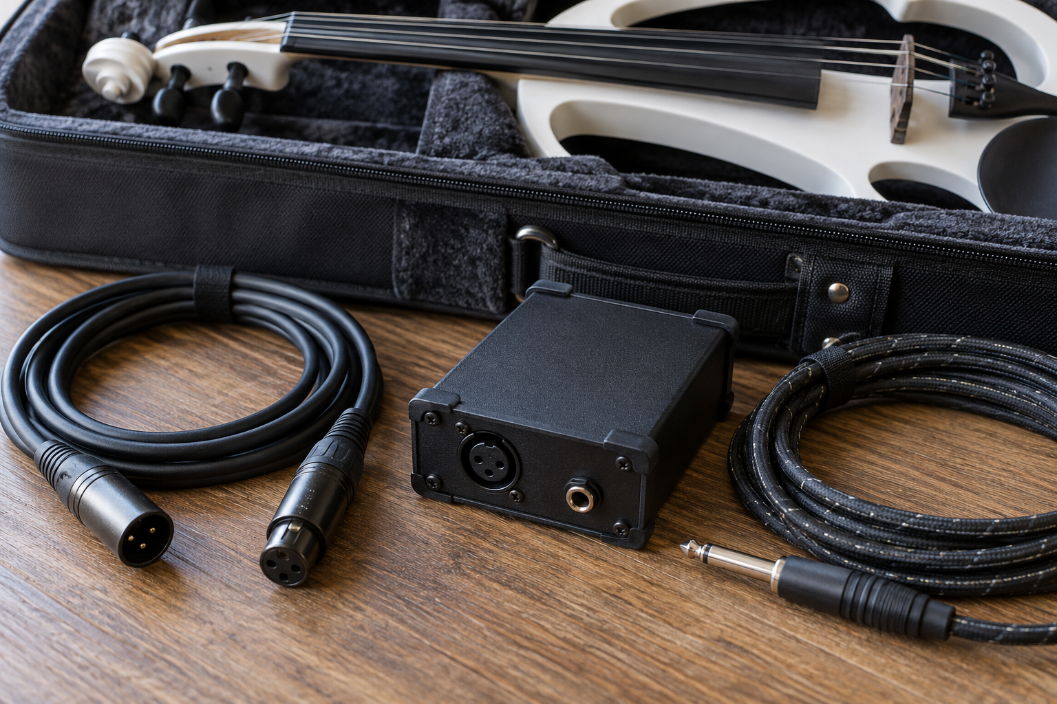 Пасивно reamp устройство с XLR и инструментални кабели до куфар за електрическа цигулка