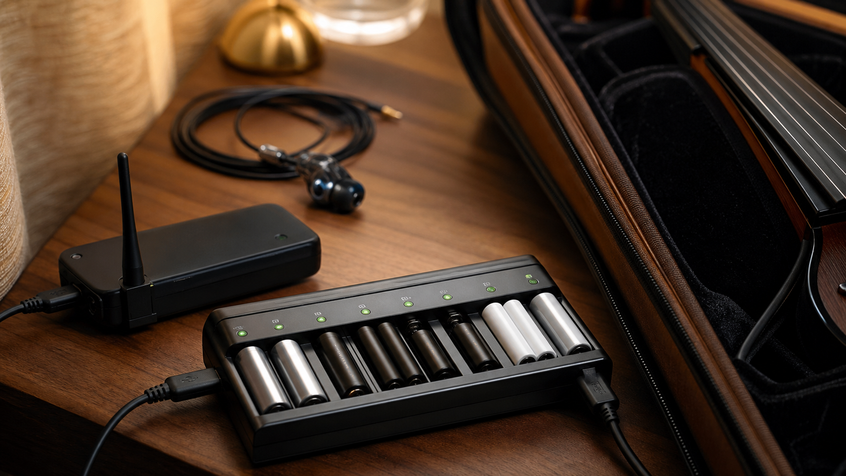 Smart charger в близък план с презареждаеми батерии, USB-C кабели, wireless receiver и electric violin case, подредени върху дървена backstage маса