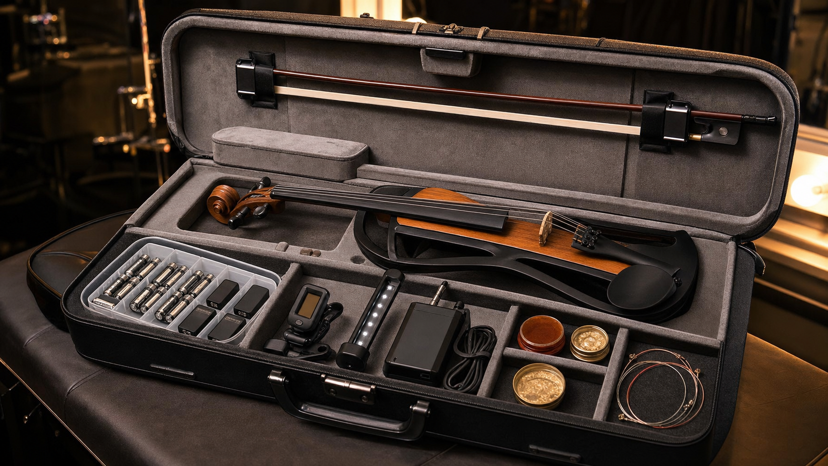 Отворен electric violin case с подредени презареждаеми батерии, clip-on tuner, компактен stand light, wireless transmitter, резервни струни и сценични аксесоари