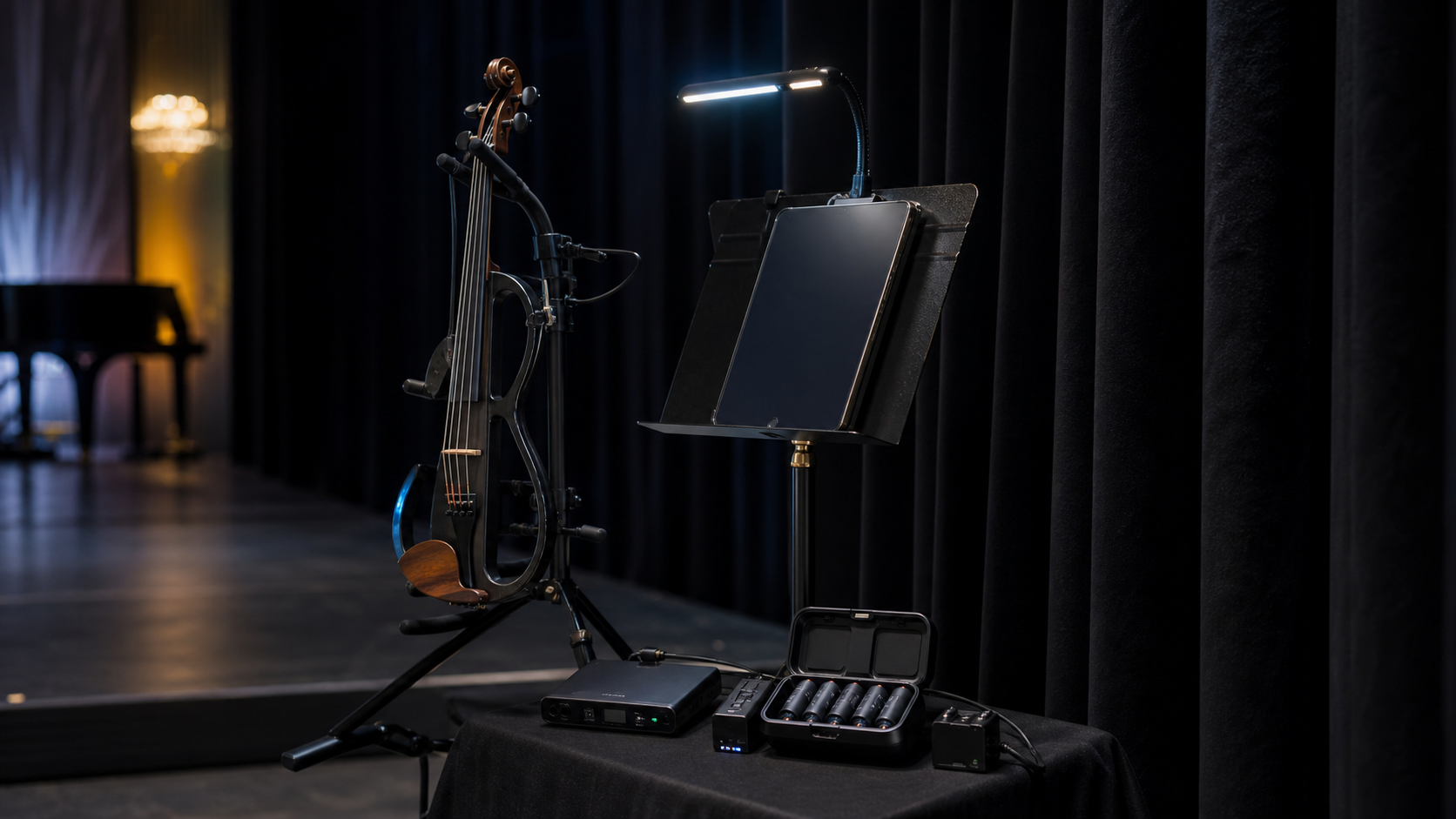 Елегантен stage-side setup с electric violin на стойка, таблет, stand light, wireless receiver и подреден кейс с презареждаеми батерии, готови за участие