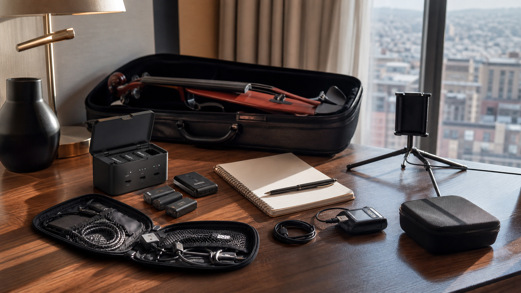 Hotel desk travel workspace с компактен smart charger, USB-C rechargeable батерии, electric violin case, тетрадка, tripod и подредени кабели за следващия show day