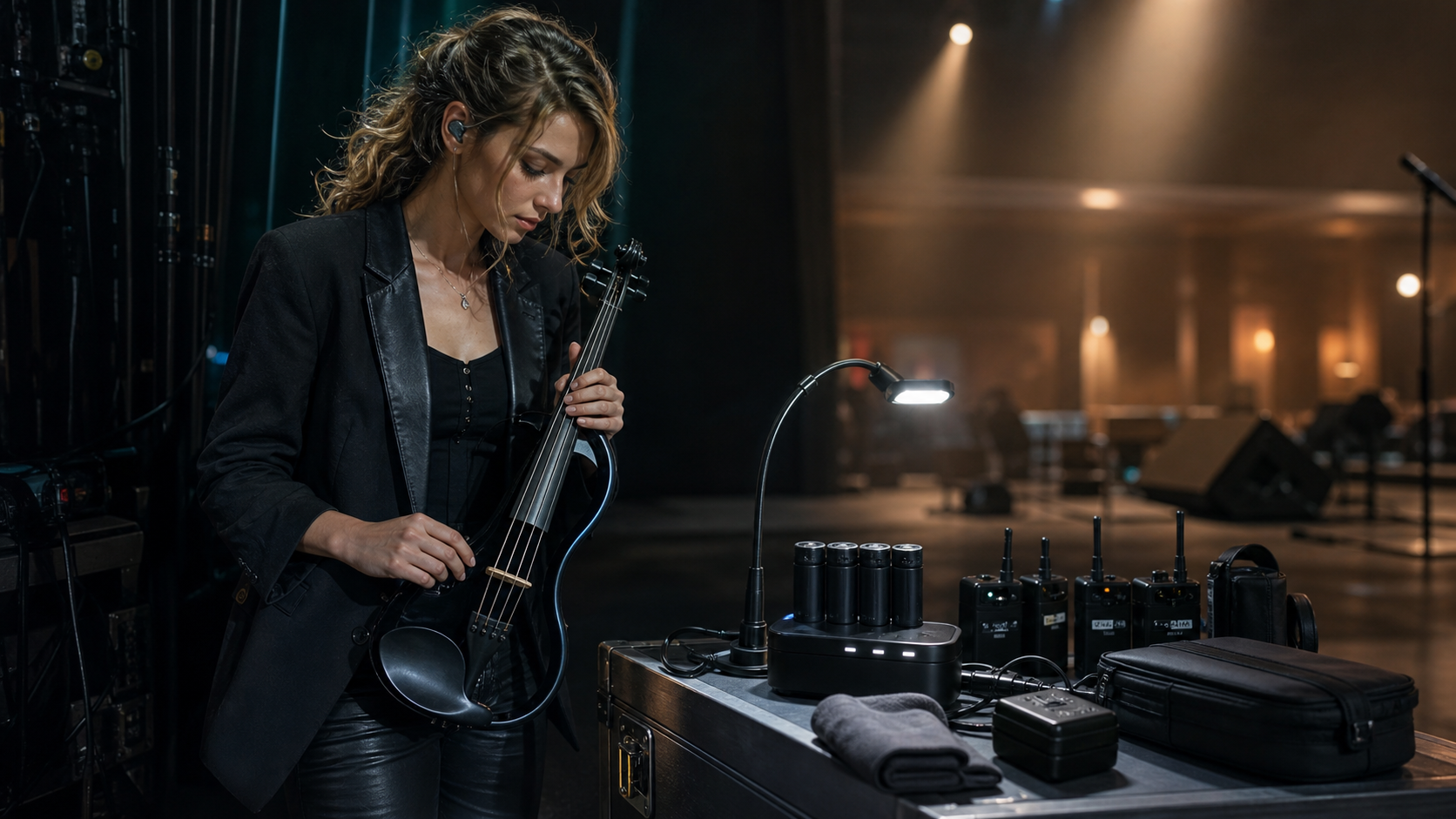 Професионален electric violin изпълнител на тъмна сцена по време на последна pre-show проверка до road case с презареждаеми батерии, charger, stand light и wireless аксесоари