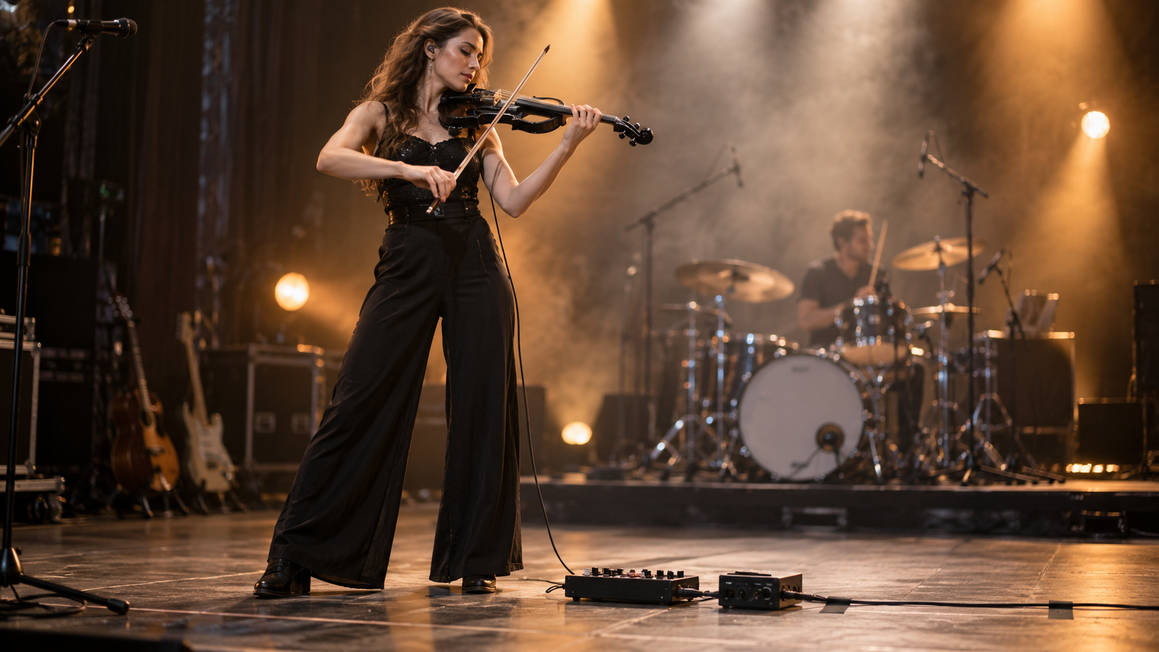 Electric violin артист на soundcheck с компактен rhythm pedal и чист сценичен cable route