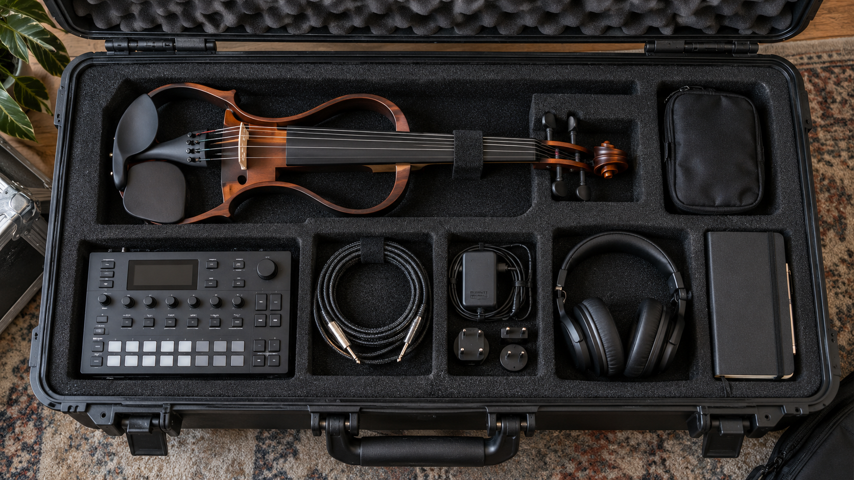 Electric violin touring case с компактен rhythm machine headphones cables и performance accessories