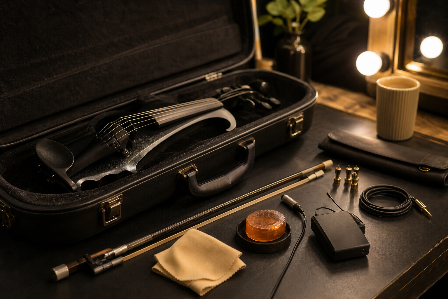 Electric violin калъф отворен backstage с лък, колофон, wireless pack, резервен кабел и microfiber кърпа за gig prep