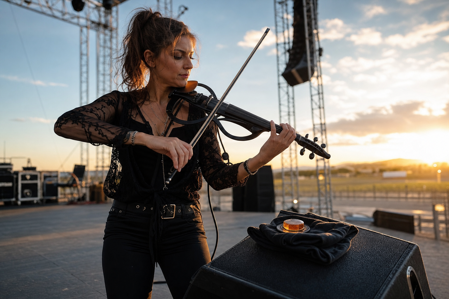 Electric violin изпълнителка на outdoor festival soundcheck с колофон върху сценичен монитор в златен час