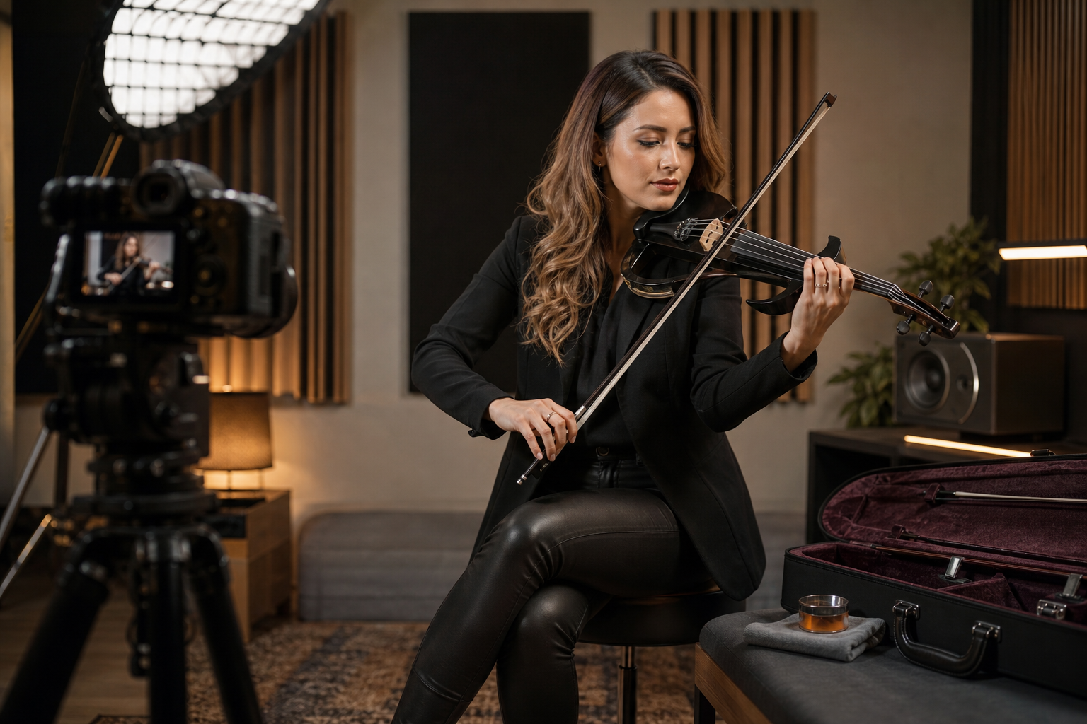 Electric violin content creator снима performance в студио с колофон до калъфа