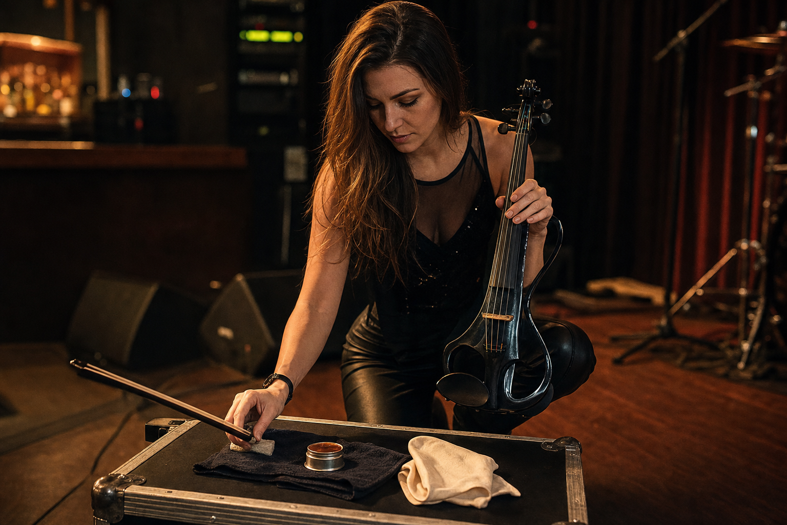 Electric violin изпълнителка проверява bow feel и колофон на small-venue soundcheck преди отваряне на вратите