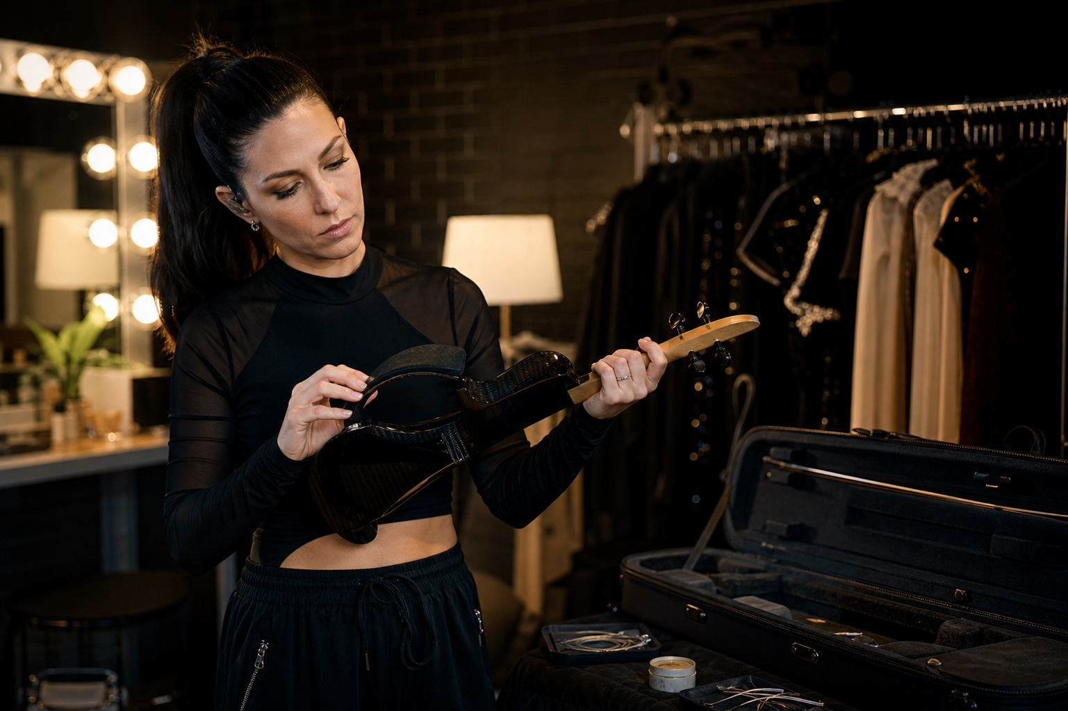 Backstage electric violin изпълнителка, която настройва опора за рамо до отворен куфар преди концерт