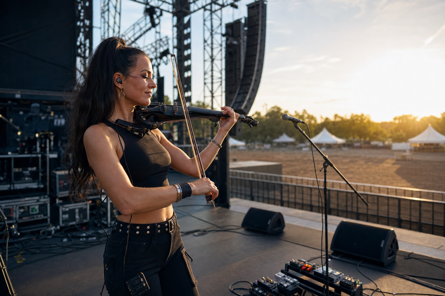 Electric violin изпълнителка по време на outdoor festival soundcheck със стабилна опора за рамо и сценичен gear