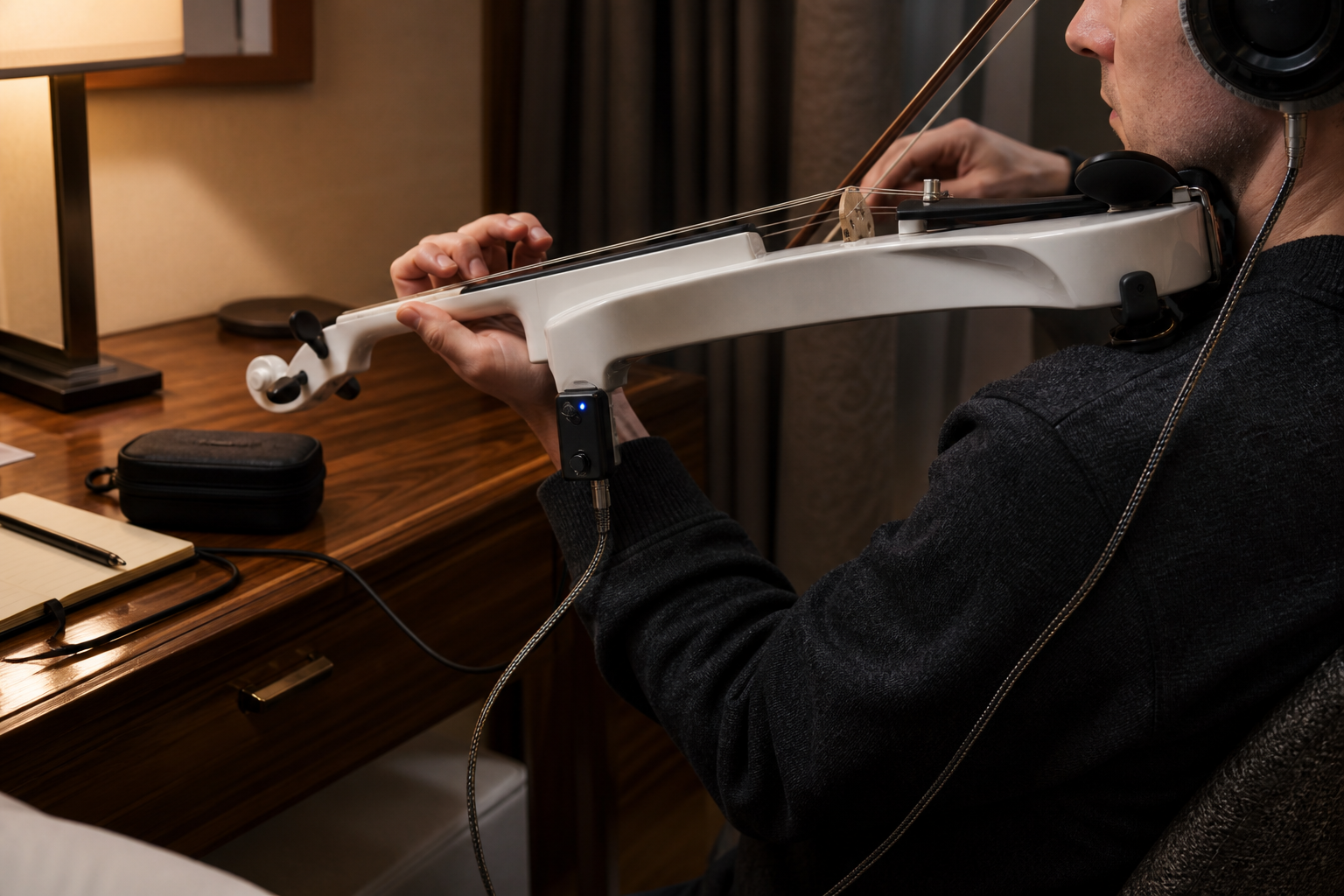 Близък кадър на electric violin изпълнител в хотелска стая със слушалки и малък plug-in practice amp за тих warmup