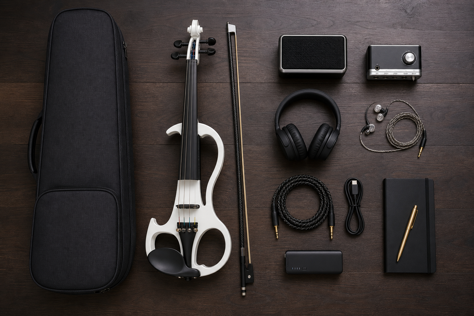 Подреден отгоре electric violin travel practice kit с бяла електрическа цигулка, компактен mini amp, слушалки, in-ear слушалки, кабели и тефтер