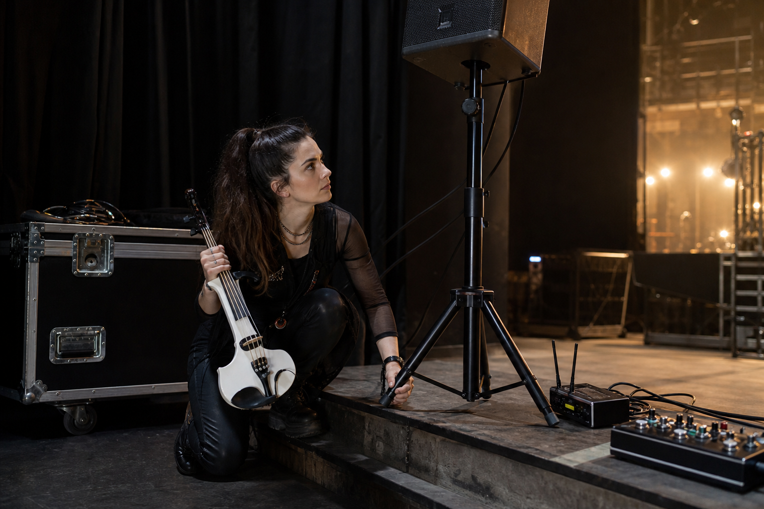 Electric violin артист проверява leveling leg на speaker stand върху backstage riser до road case wireless устройство и компактен pedalboard