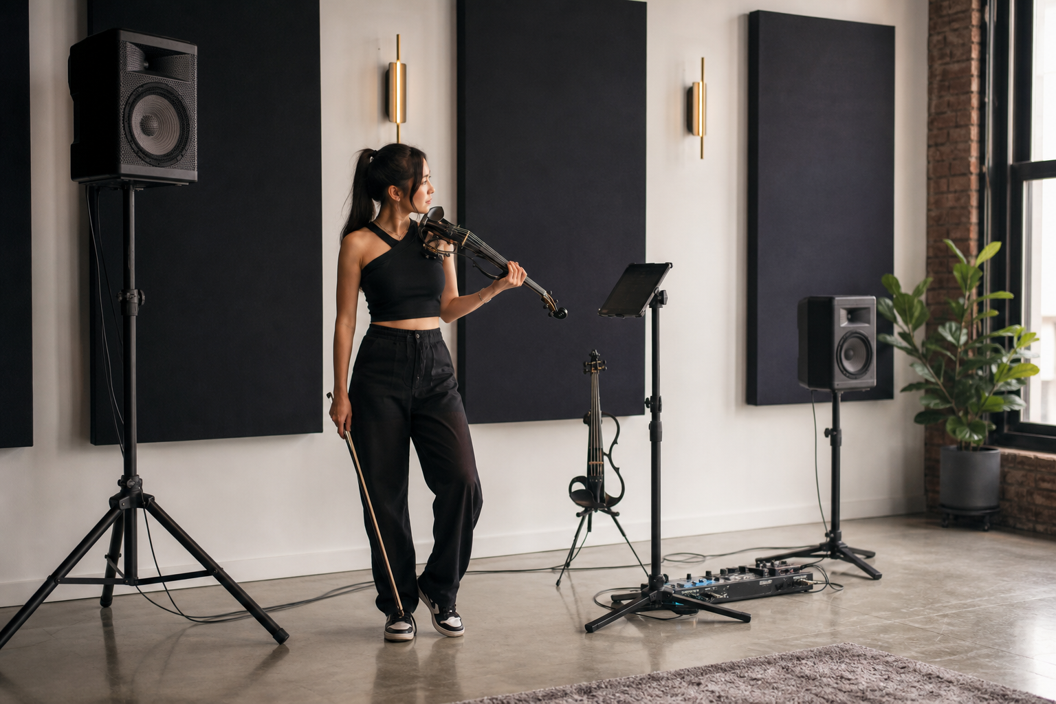 Electric violin изпълнител сравнява покритието на PA колоните от две различни височини на стойка в rehearsal room с tablet stand и компактен pedalboard