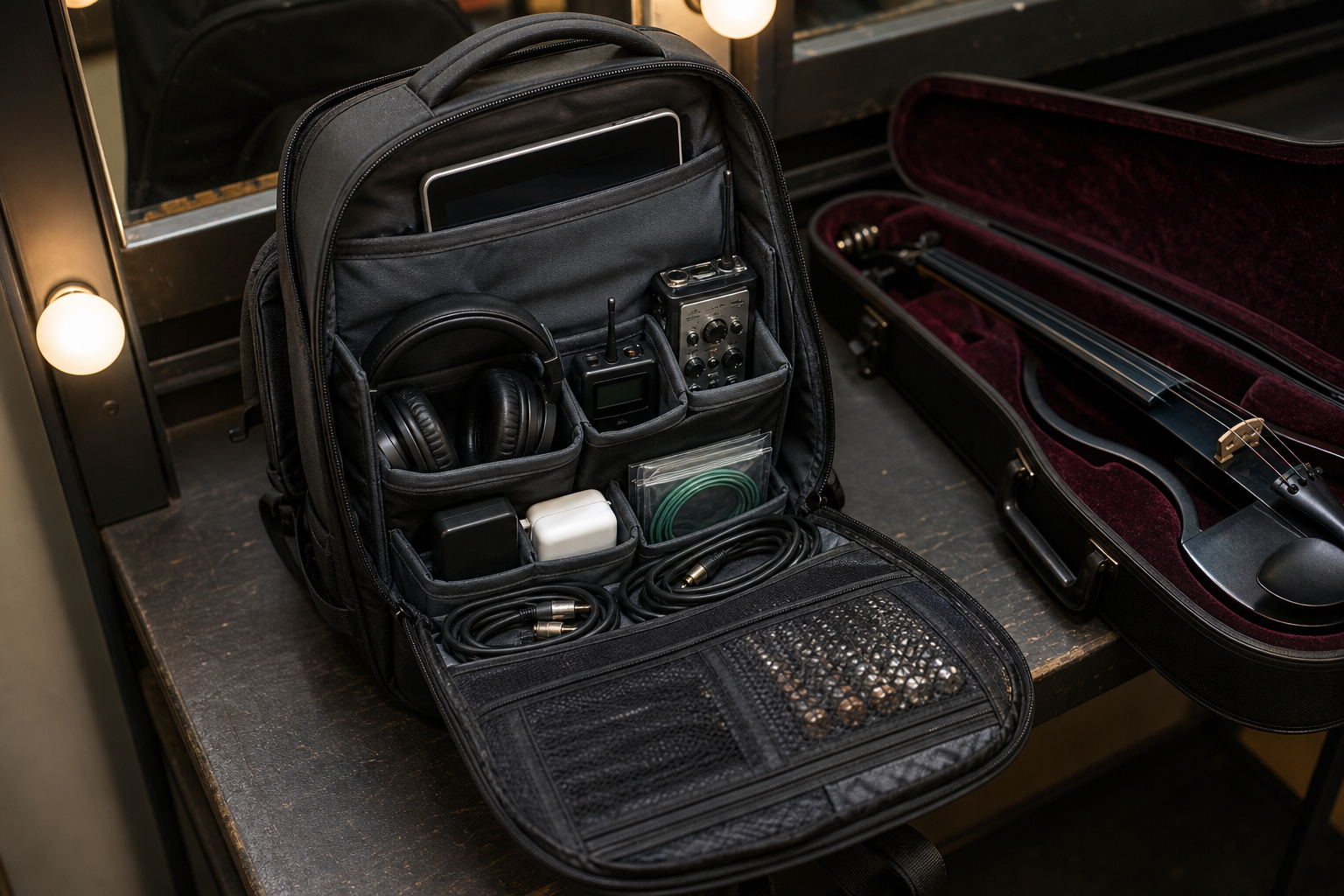 Отворена musician раница на гримьорна пейка с таблет слушалки wireless приемник audio recorder струни и прилежно навити кабели