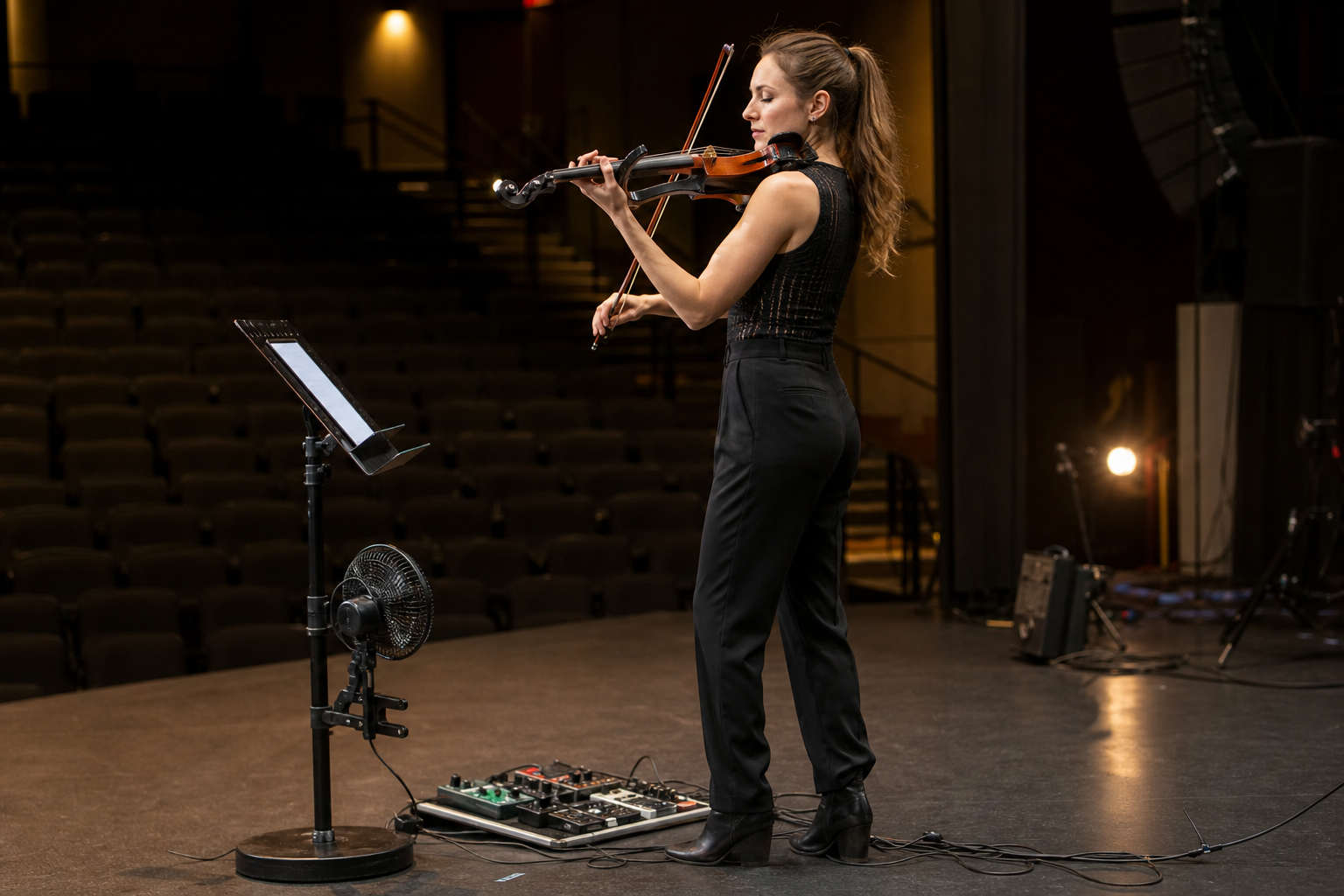 Electric violin артист прави soundcheck с компактен clamp fan закрепен ниско до сценичния rig