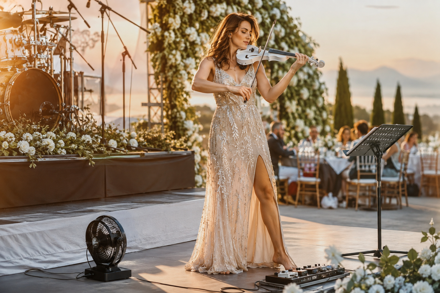 Electric violin артист на outdoor сватба с battery powered вентилатор безопасно поставен на пода