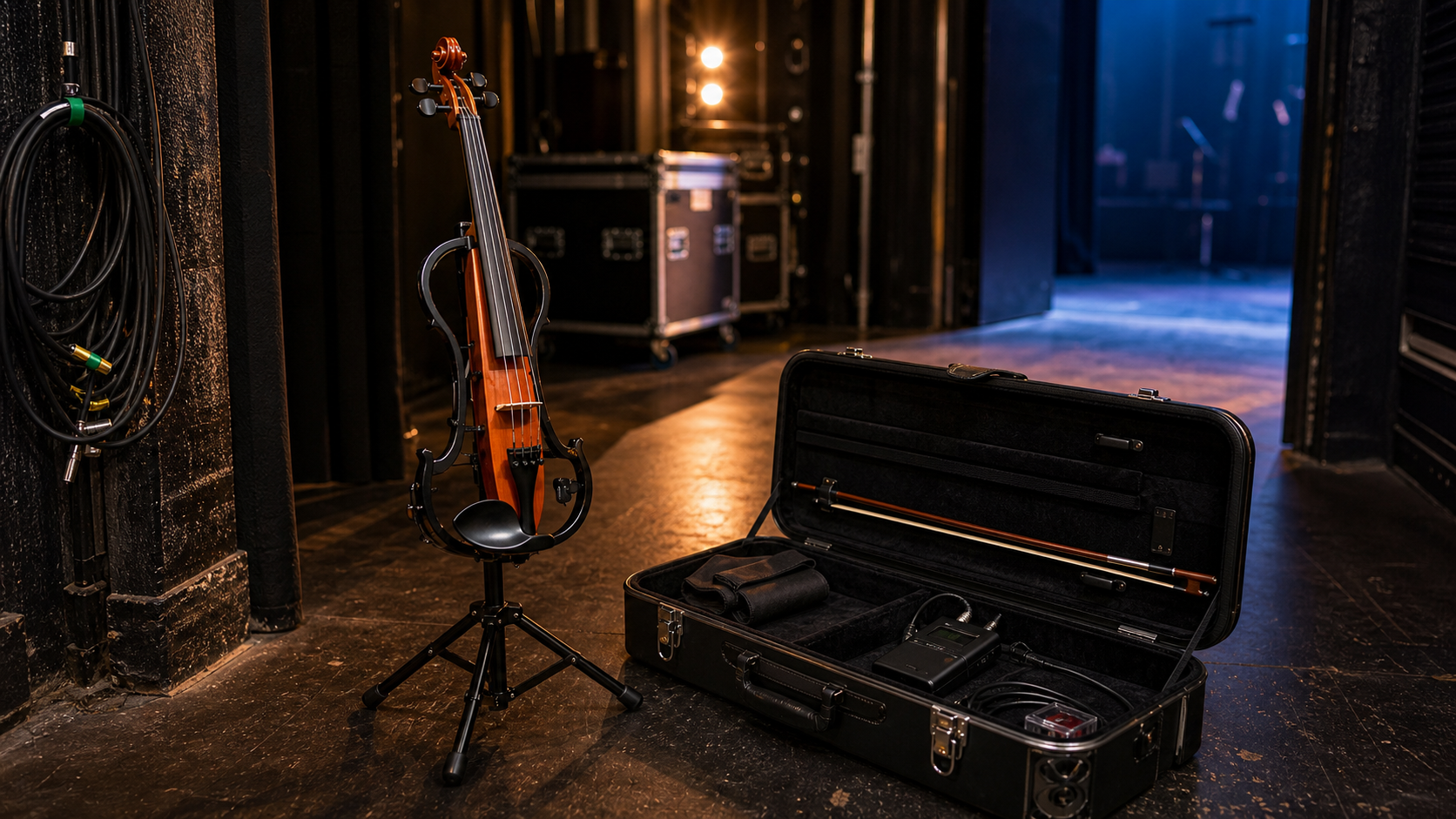 Electric violin, оставен на компактна сгъваема стойка до отворен твърд калъф и сценични аксесоари в спокоен backstage коридор