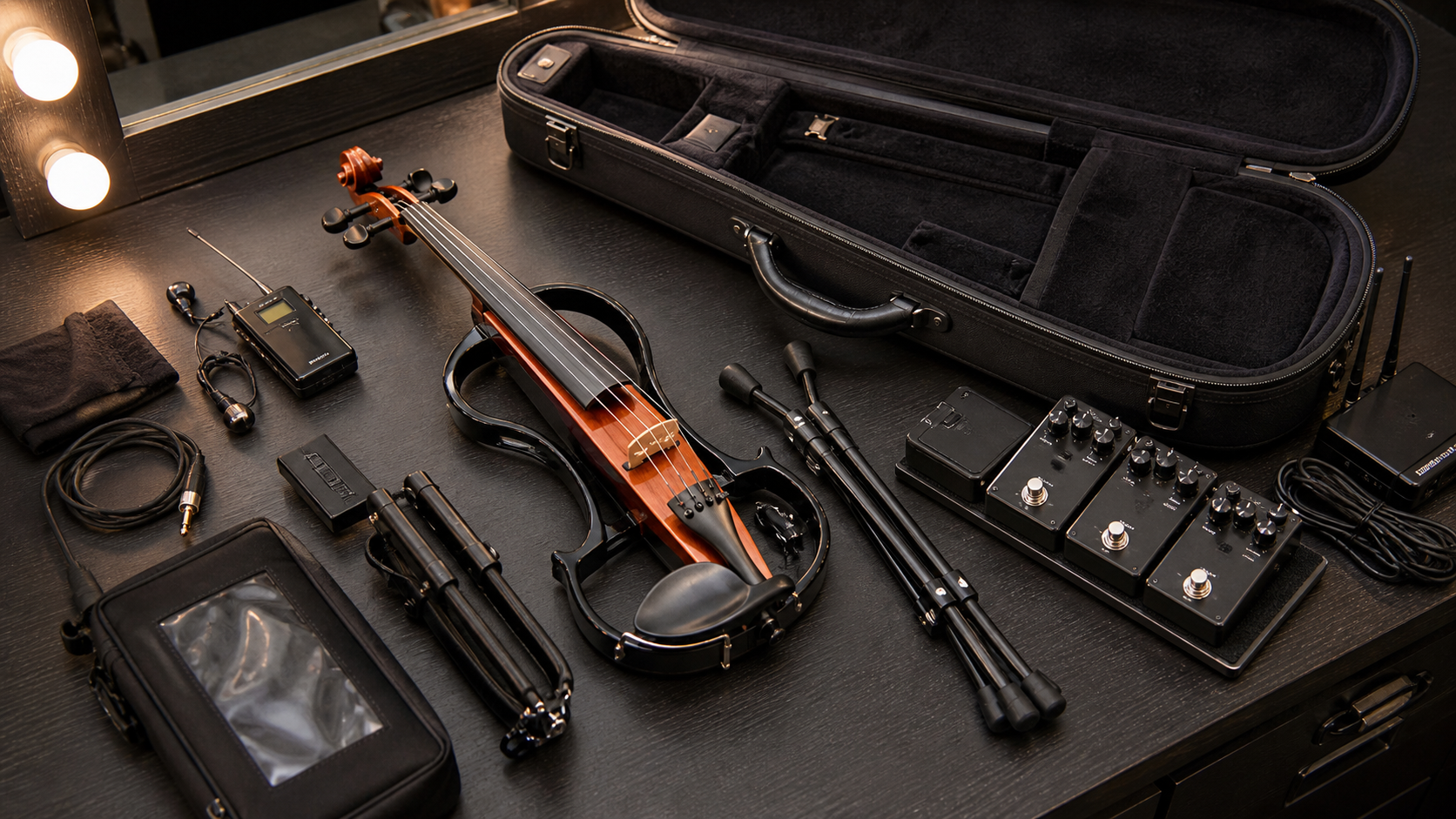 Подреден electric violin travel комплект със сгъната стойка, компактен pedalboard, wireless pack и твърд калъф, подготвен за бърз load-in