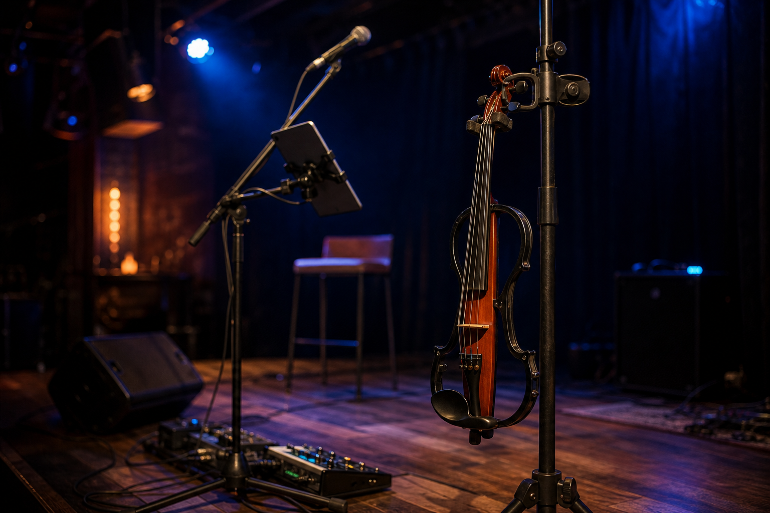 Electric violin, окачен сигурно на hanger, закрепен към microphone stand върху компактна клубна сцена