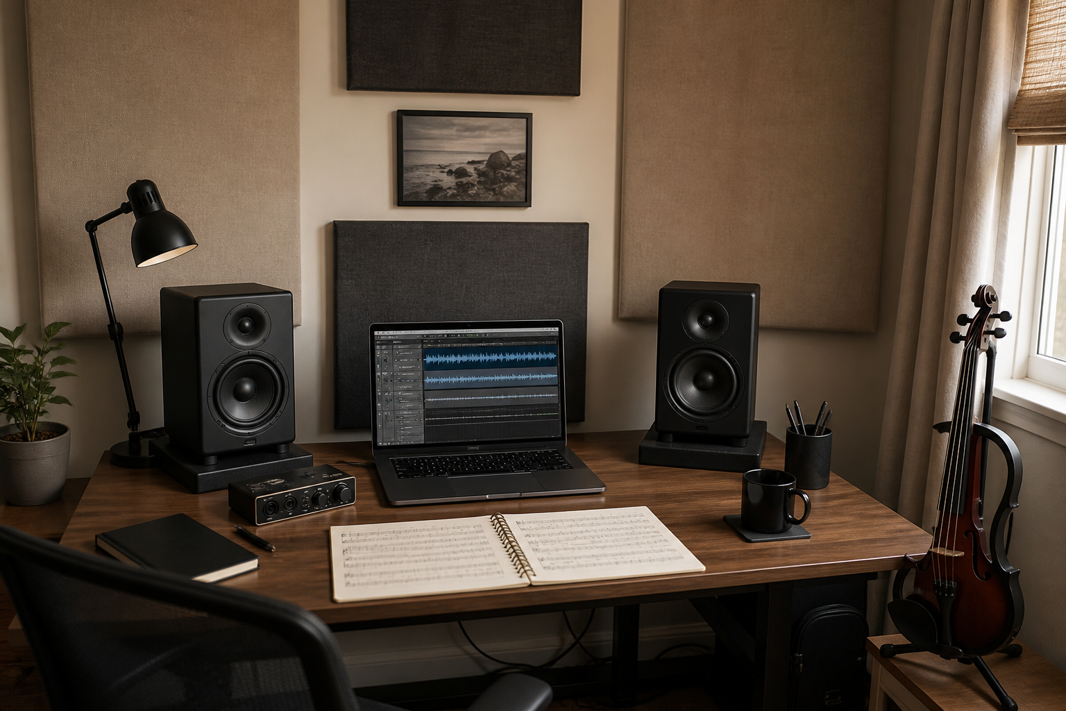 Electric violin editing setup в компактна стая с два nearfield монитора върху isolation pads до ноти и тънък audio interface