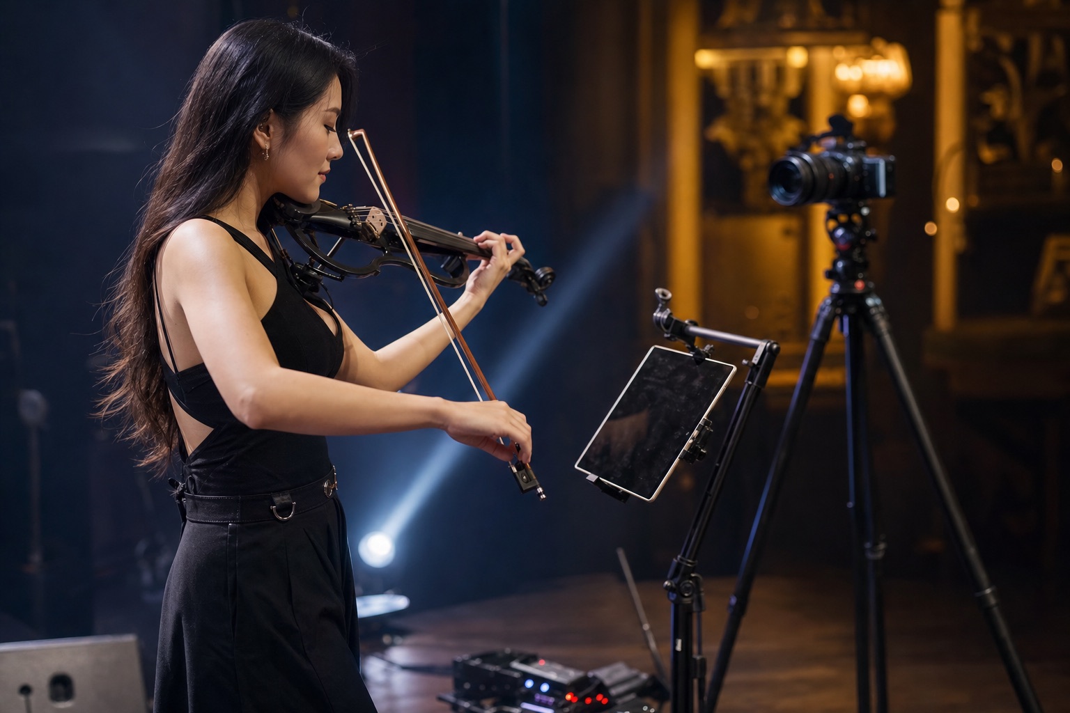 Най-добрите tablet стойки за electric violin изпълнители със backing tracks и сетлисти на сцена — Tanya Strings blog article image