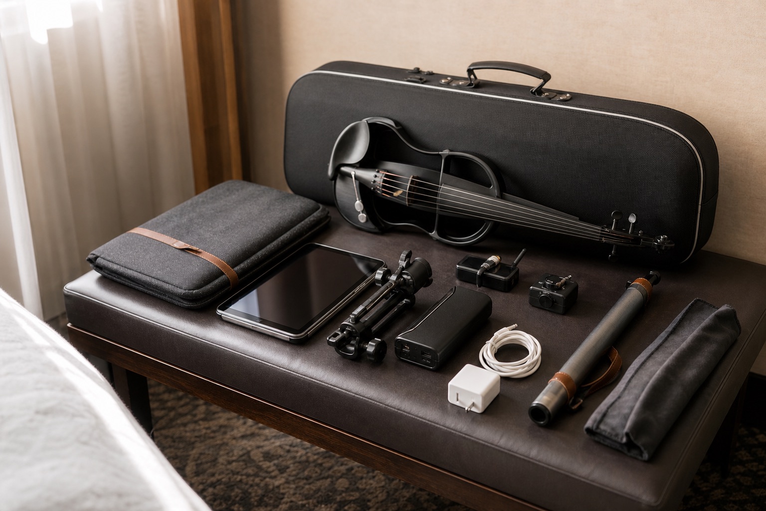 Travel-ready electric violin performance комплект с таблет, сгъната стойка, power bank, wireless pack и компактен калъф, подредени за fly date