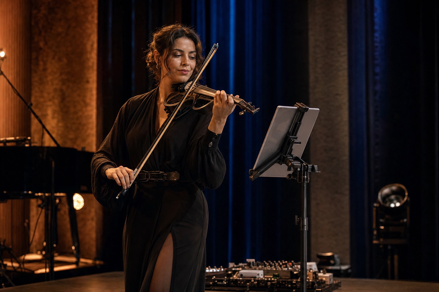 Елегантна electric violin изпълнителка поглежда към монтиран таблет на сцена, докато свири под топло и синьо концертно осветление