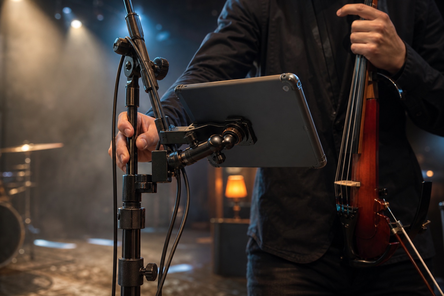 Близък кадър на сигурна tablet стойка, захваната към microphone stand до electric violin по време на професионален live soundcheck