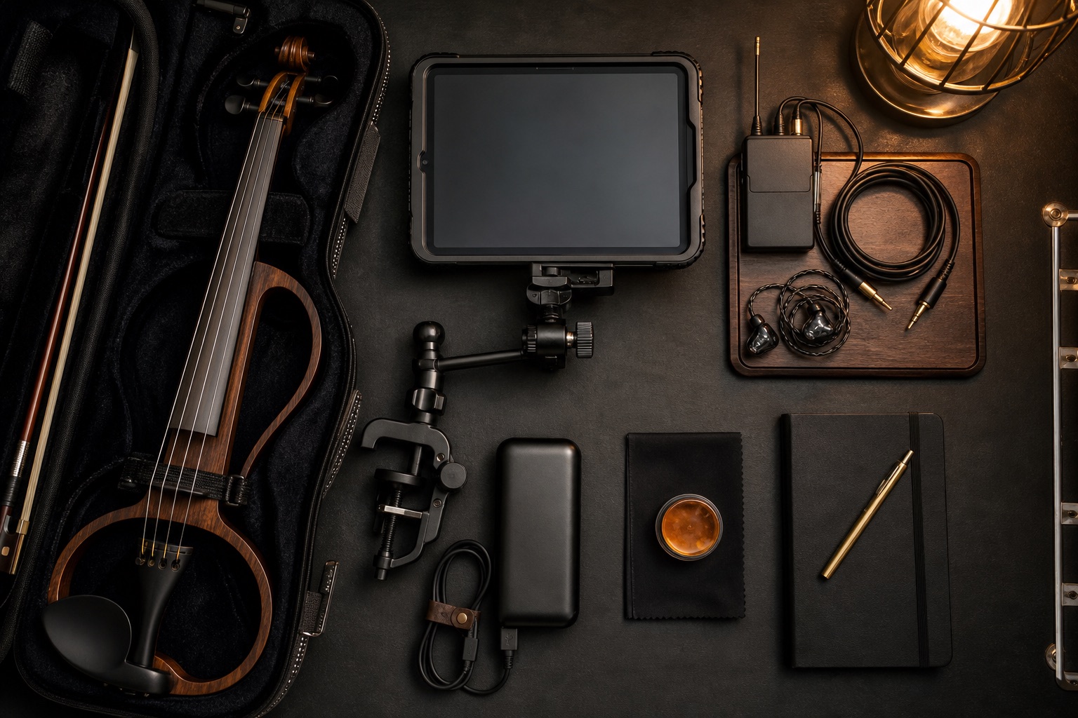Отворен electric violin калъф с таблет, clamp стойка, in-ear монитори, power bank, бележник и сценични аксесоари, подредени за професионално участие