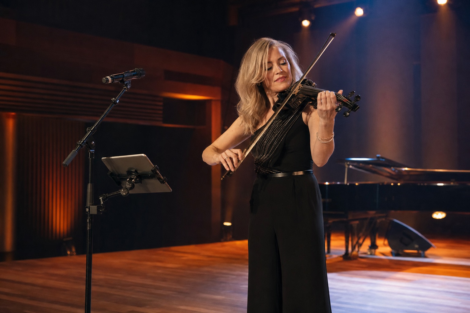 Професионална electric violin изпълнителка свири на топло осветена концертна сцена с таблет, монтиран ниско на microphone stand за деликатно live четене