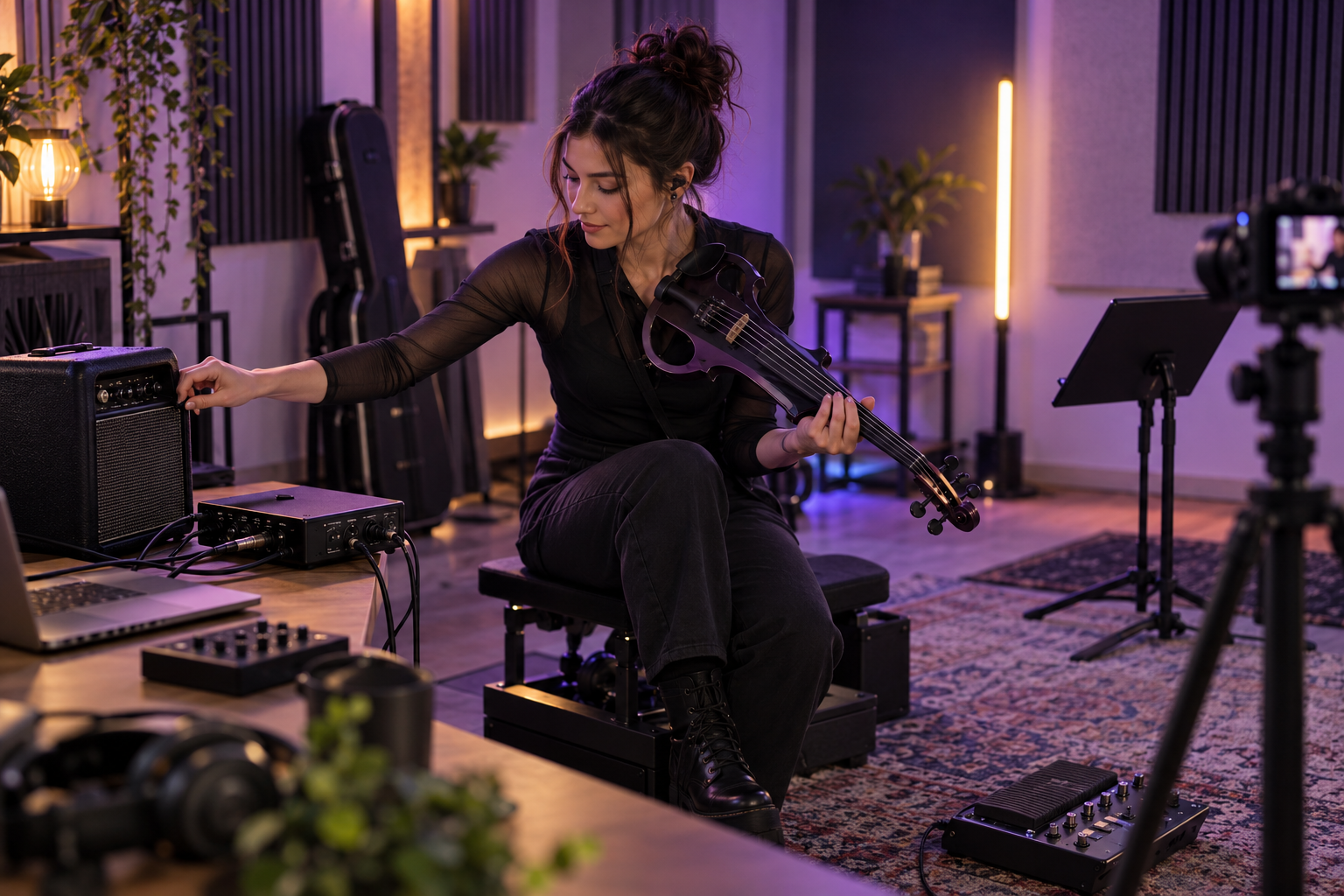 Electric violin content creator настройва amplifier и tactile seat платформа в studio
