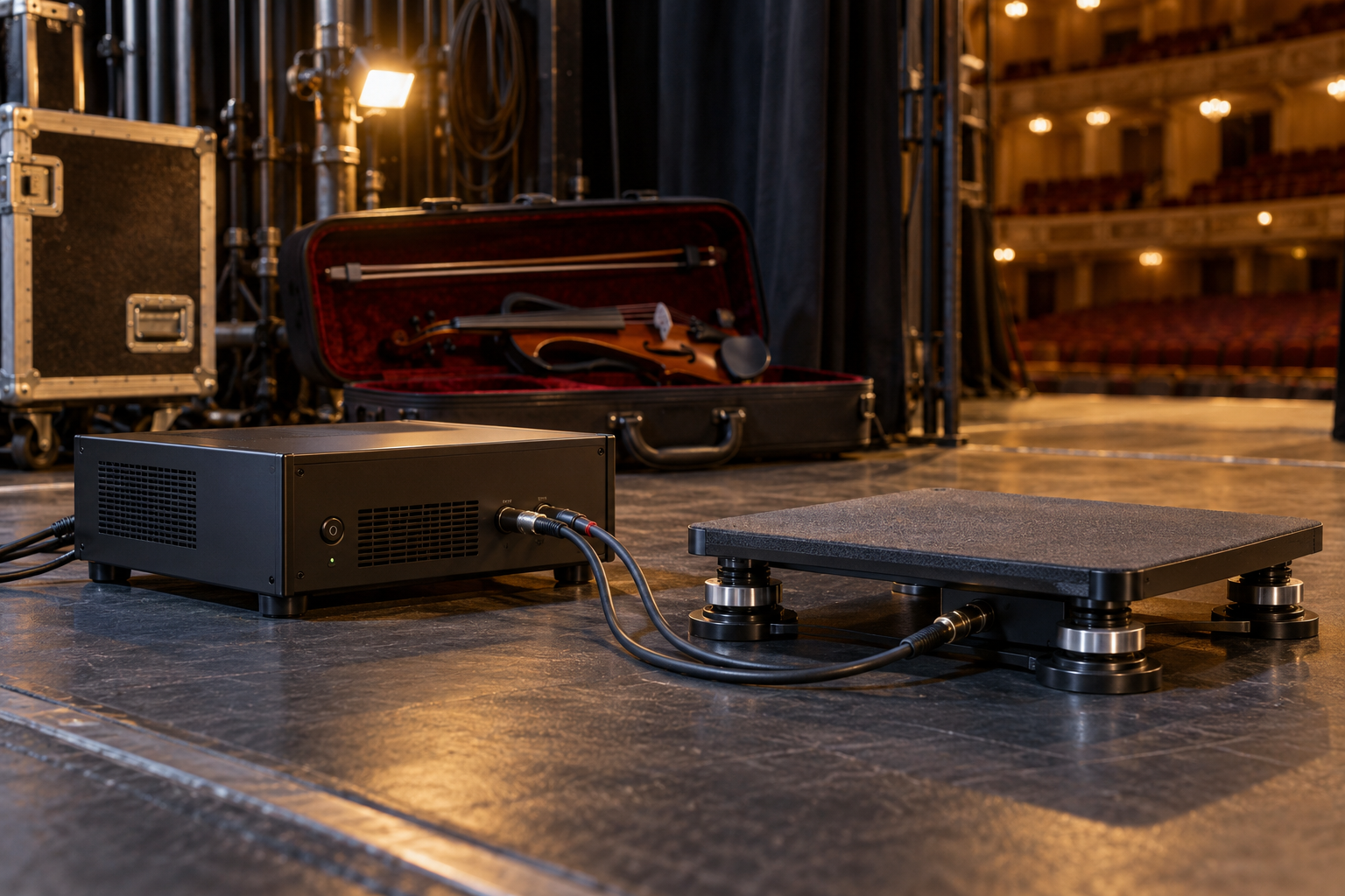 Компактен amplifier свързан към tactile monitoring платформа до electric violin case