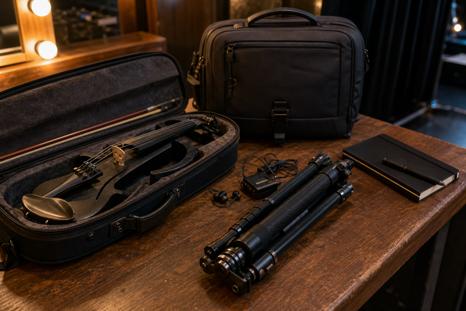 Backstage setup на electric violin creator с folded carbon travel tripod до калъф за електрическа цигулка wireless pack и бележник върху гримьорна маса
