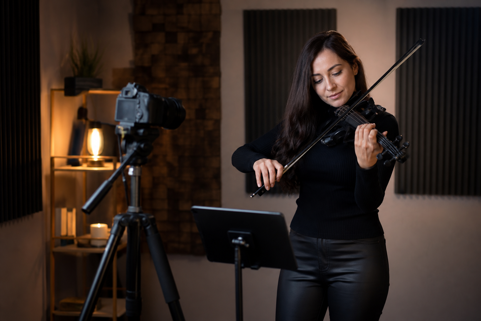 Electric violinist в студио, докато камера на full-size tripod записва livestream setup до стойка с таблет и топла ambient светлина