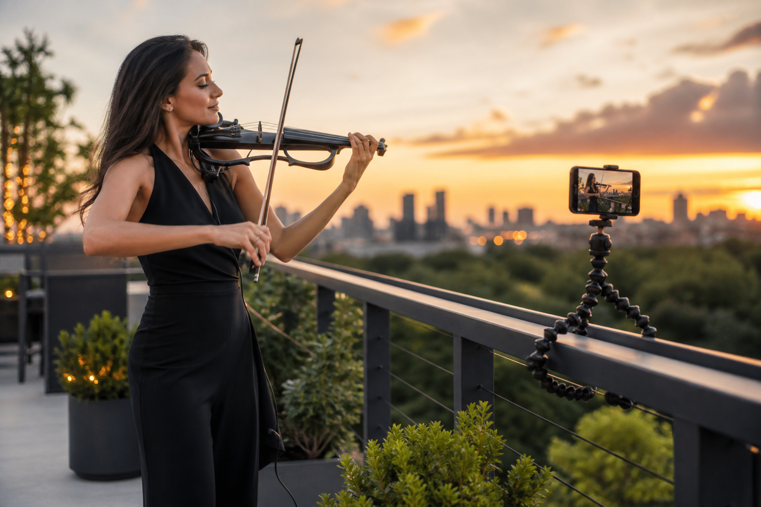 Electric violin performer на rooftop event по залез, докато flexible tripod върху парапет снима vertical social video ъгъл