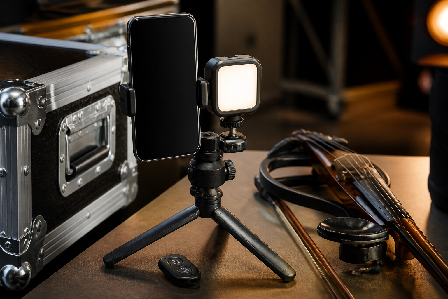 Компактен vertical phone tripod с LED light и remote control до електрическа цигулка и touring case в side-stage prep зона