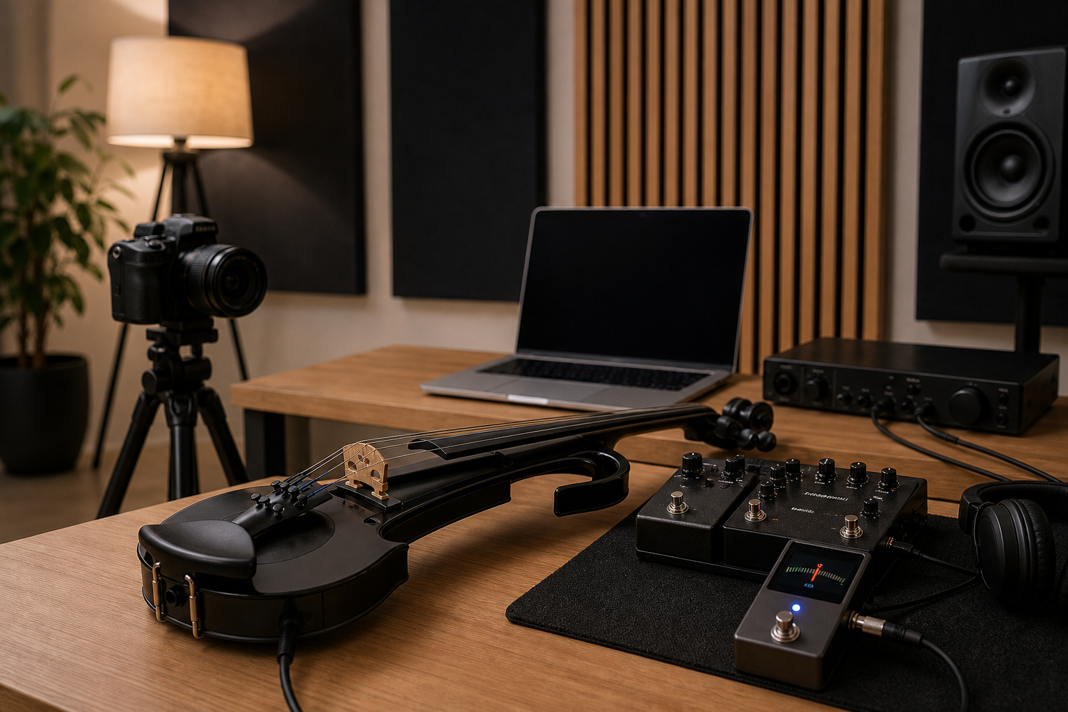 Creator студио с electric violin, камера, лаптоп, компактен pedalboard и осветен tuner педал до recording gear