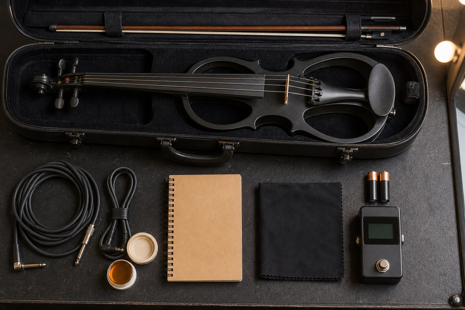 Backstage flat lay на electric violin калъф, резервни кабели, колофон, тефтер и tuner педал, подготвени за live сет