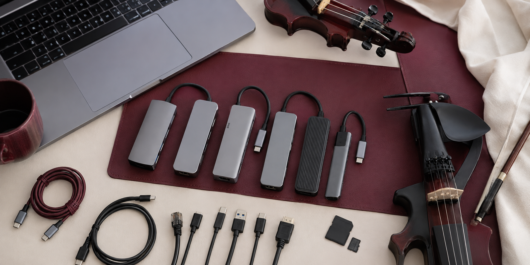 Сравнение на компактни USB-C хъбове до electric violin, laptop, карти и performance кабели