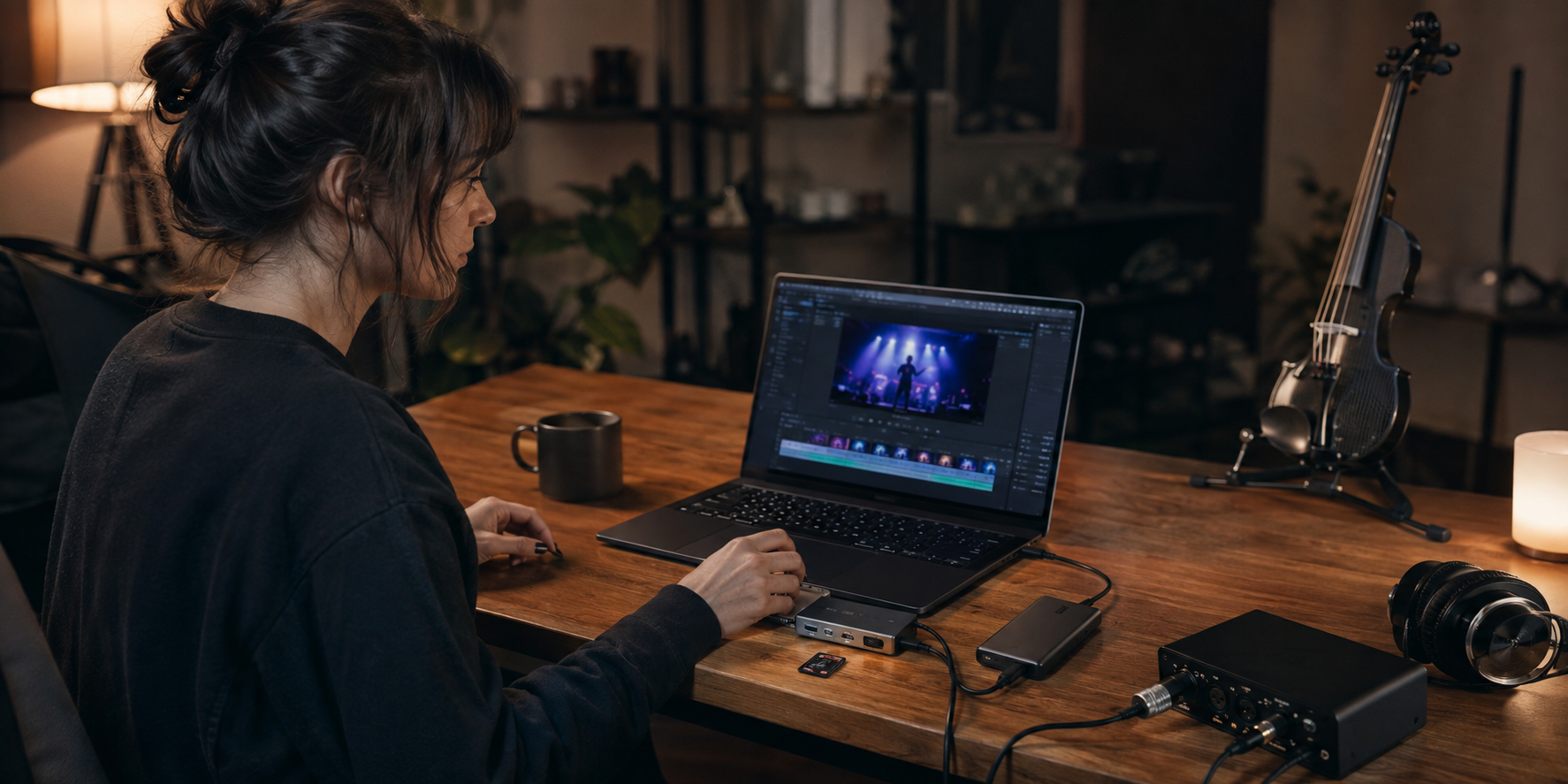 Electric violin content creator импортира концертно видео през USB-C dock в editing laptop