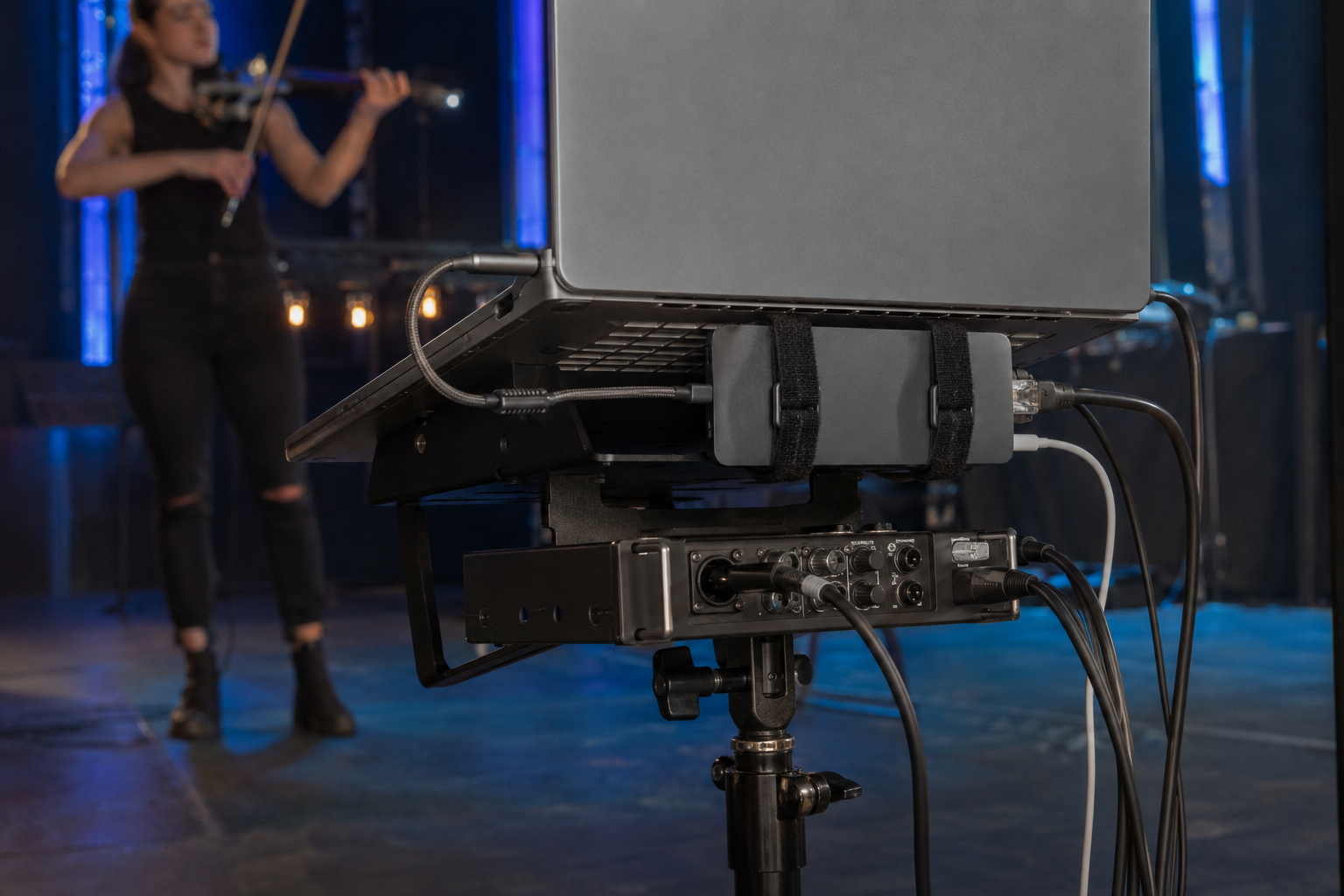 USB-C travel dock е обезопасен под backing-track laptop стойка по време на electric violin performance