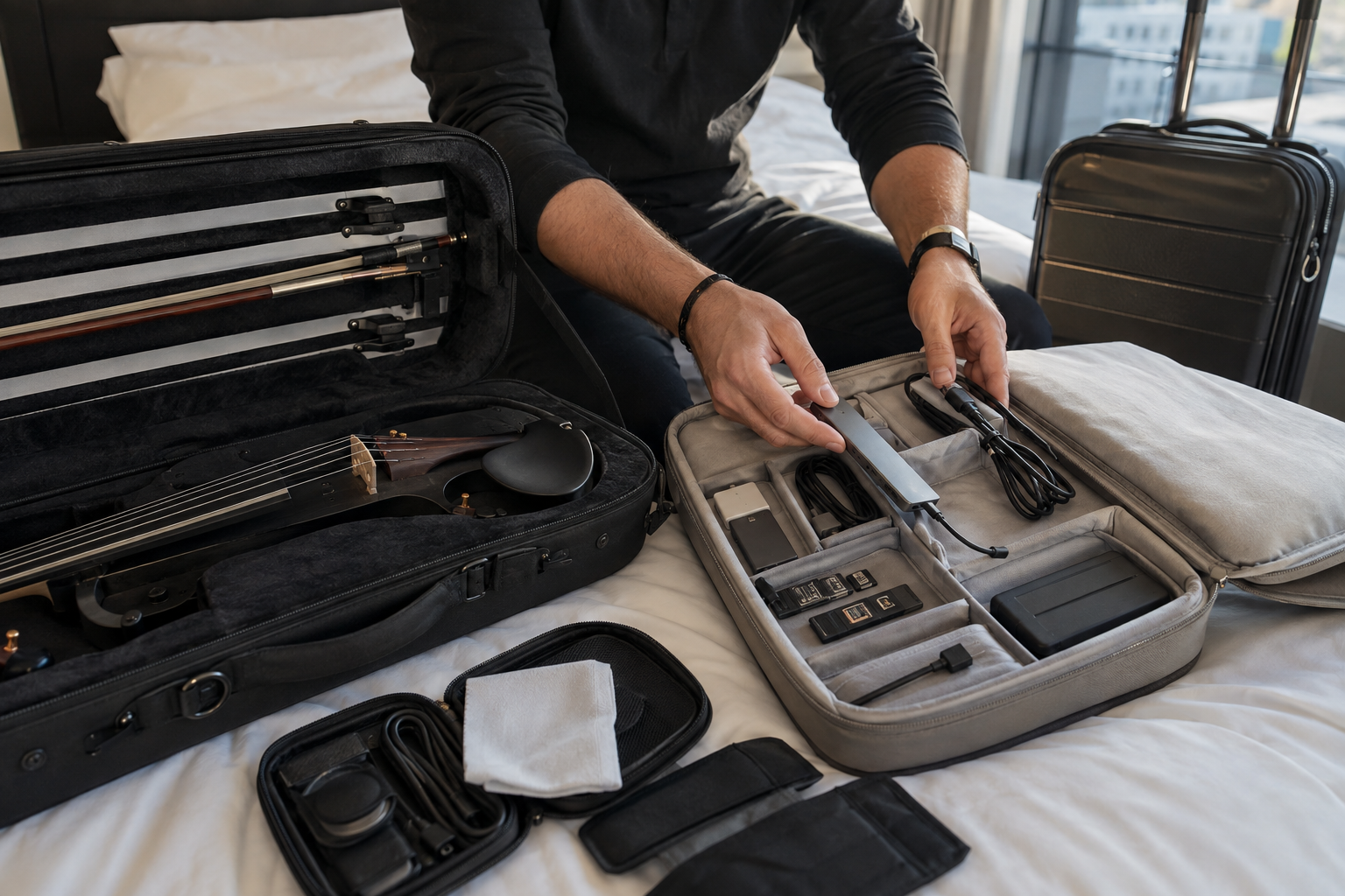 Electric violin изпълнител прибира USB-C travel hub, сертифицирани кабели, карти и storage в touring creator bag