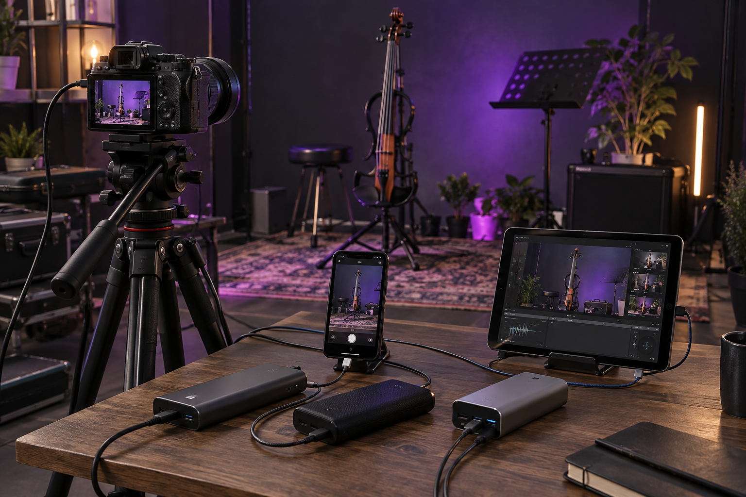 Electric violin performer проверява USB-C backup power backstage
