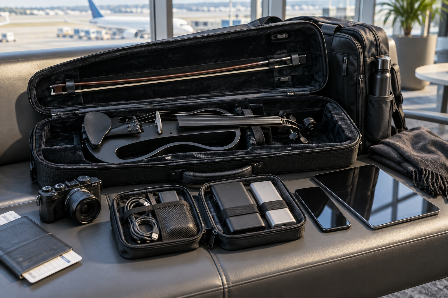 Travel-ready electric violin case с USB-C power banks и creator gear