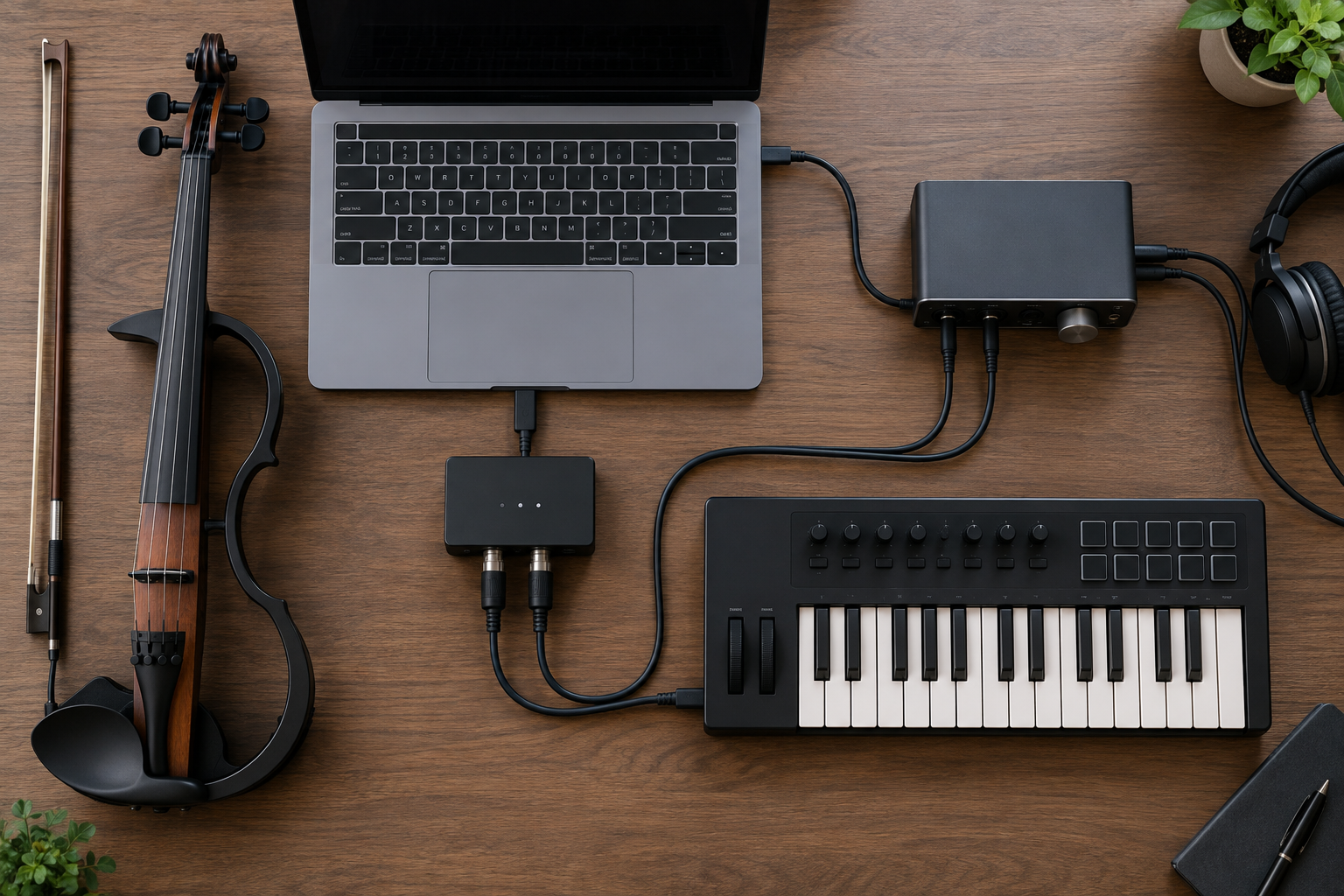 Electric violin creator desk с laptop MIDI interface клавиатура и audio gear отгоре