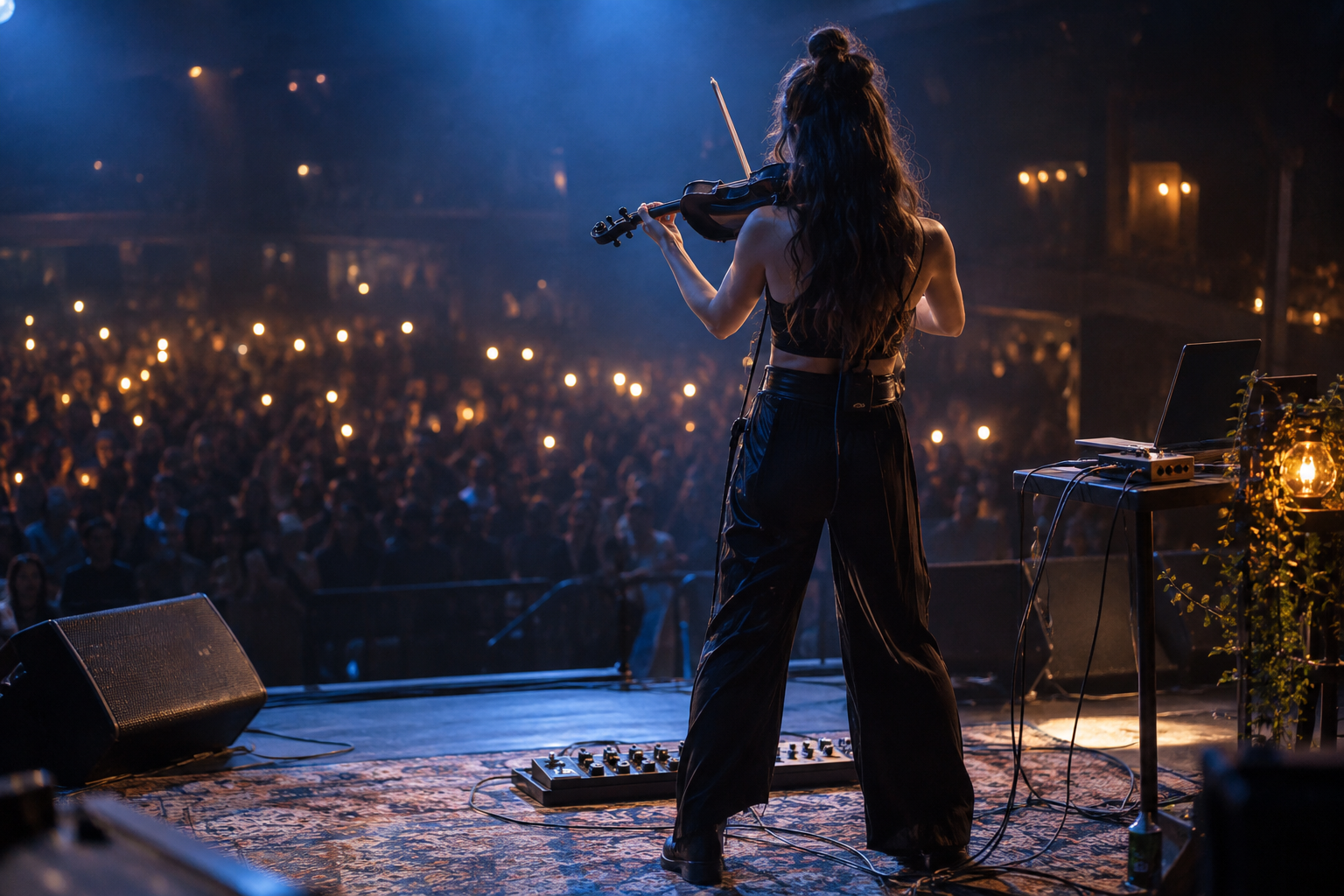 Electric violin изпълнител на сцена до laptop и MIDI playback control rig