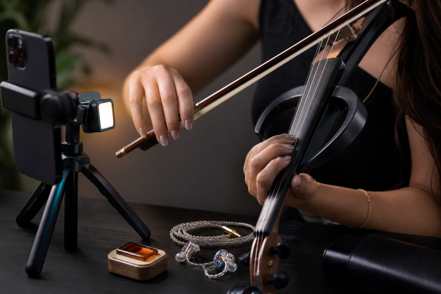 Близък кадър на electric violin изпълнителка, която снима bow техника с pocket LED light, smartphone tripod и in-ear монитори