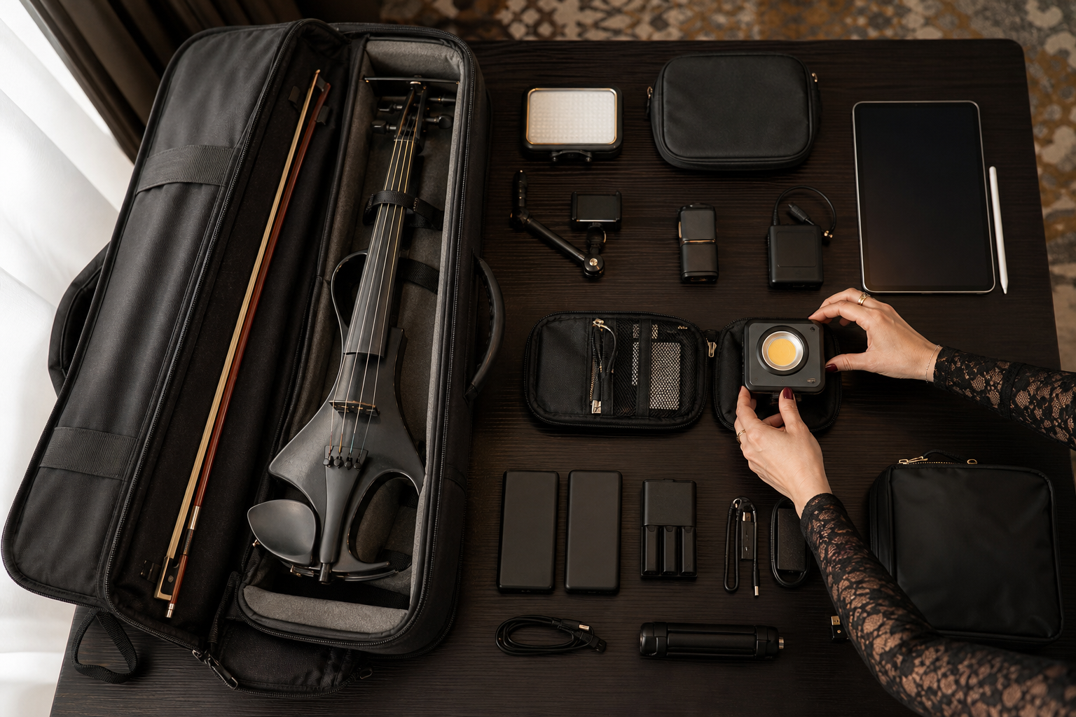 Travel-ready electric violin калъф с портативни LED светлини, батерии, таблет и creator gear за live участия