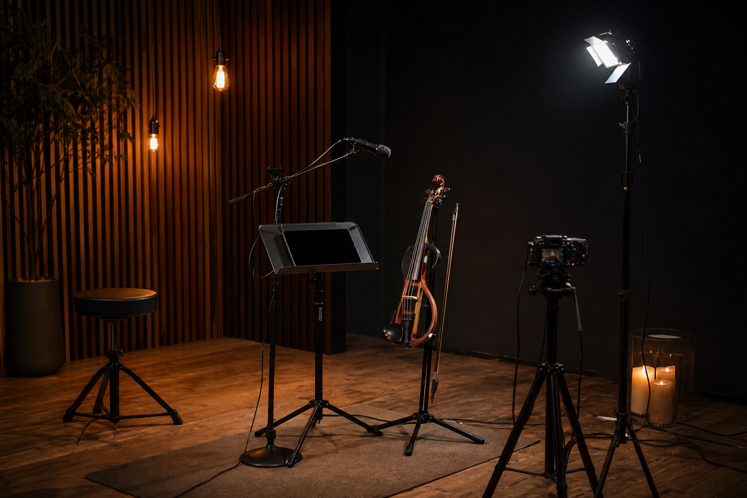 Компактен electric violin rehearsal ъгъл с портативна LED key light светлина, таблет, микрофон, камера и violin stand
